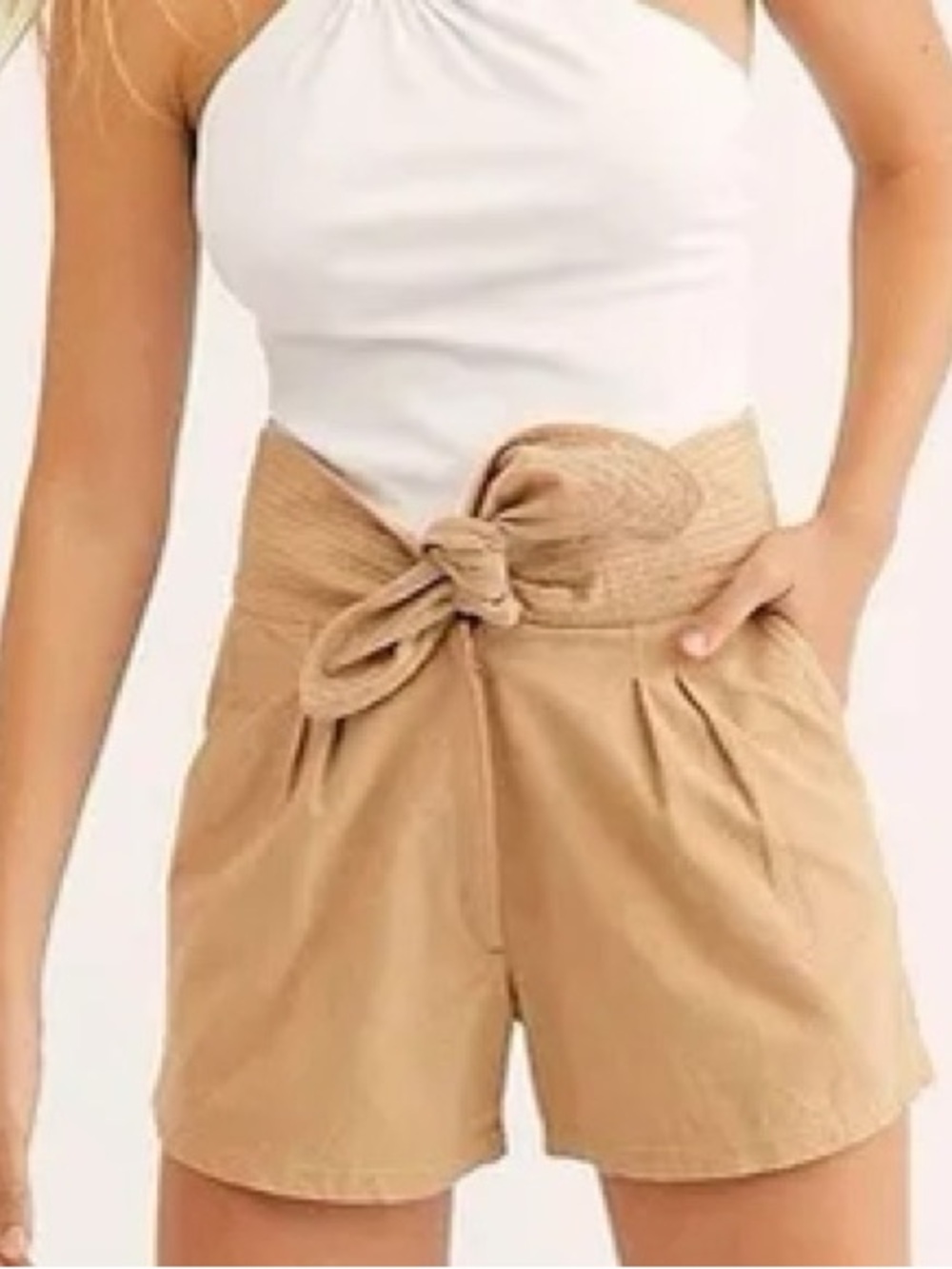 High-Waist Tie-Belt Women’s Shorts in Tan - Picture 2 of 10